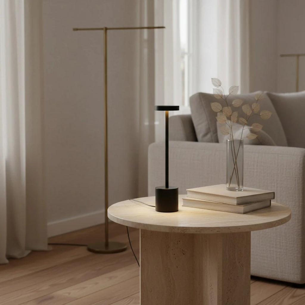 Cordless Table Lamp, Black Metal, Rechargeable Touch LED, styled on a side table