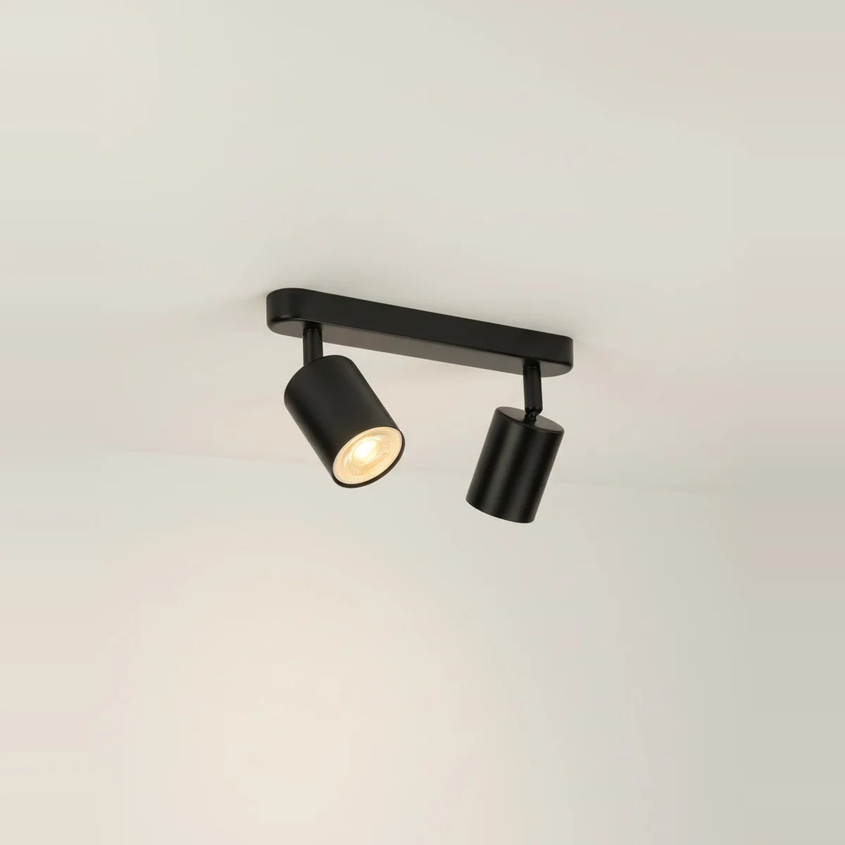 Black Industrial Ceiling Light with 1 to 3 GU10 Spotlights – Black, 2 spotlights, on a light background