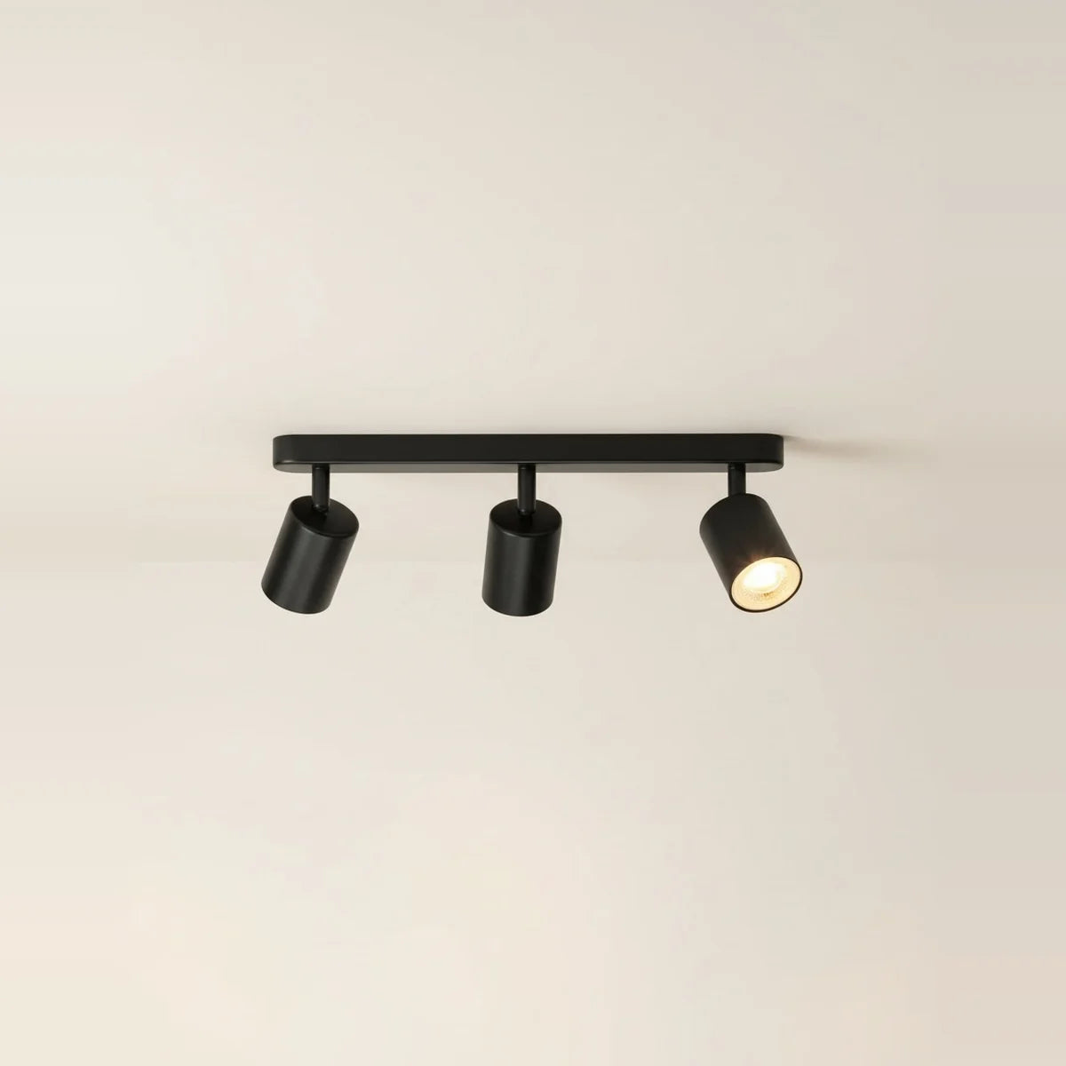 Black Industrial Ceiling Light with 1 to 3 GU10 Spotlights – Black, 3 spotlights, on a light background