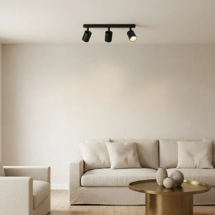Black Industrial Ceiling Light with 1 to 3 GU10 Spotlights, styled in a living room