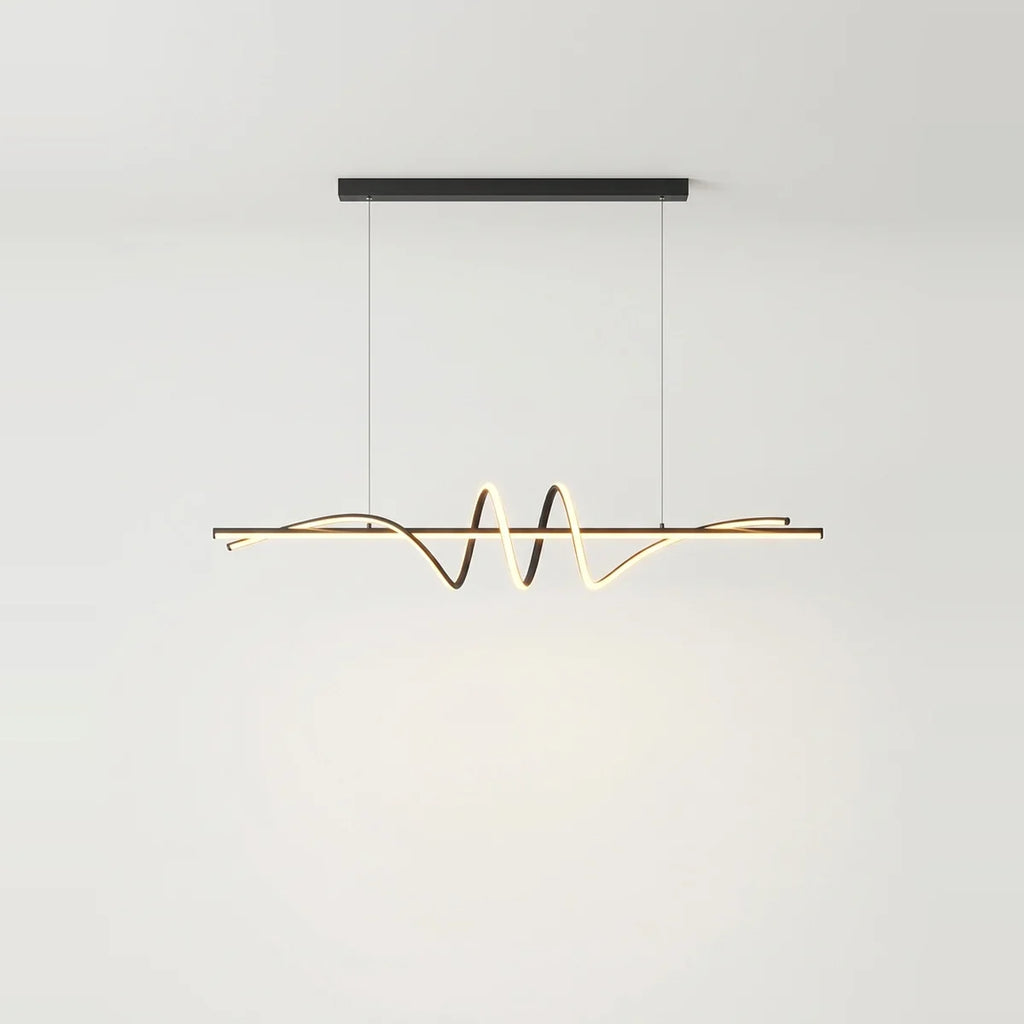 Black Wavy Linear LED Pendant Light, 47", Warm White, on a light background