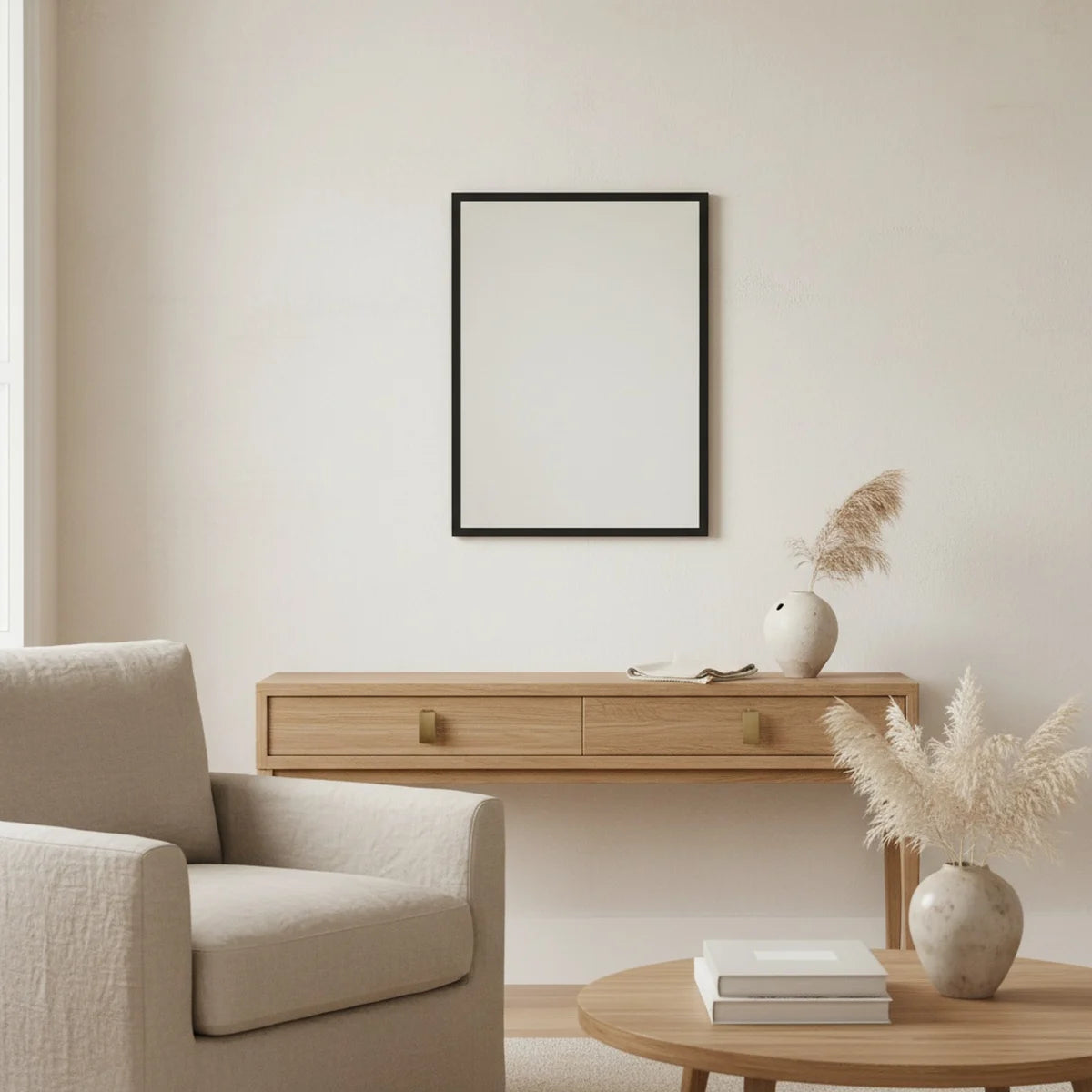 Black Rectangle Mirror, 20 x 28 in Wood Frame, styled in a bright interior
