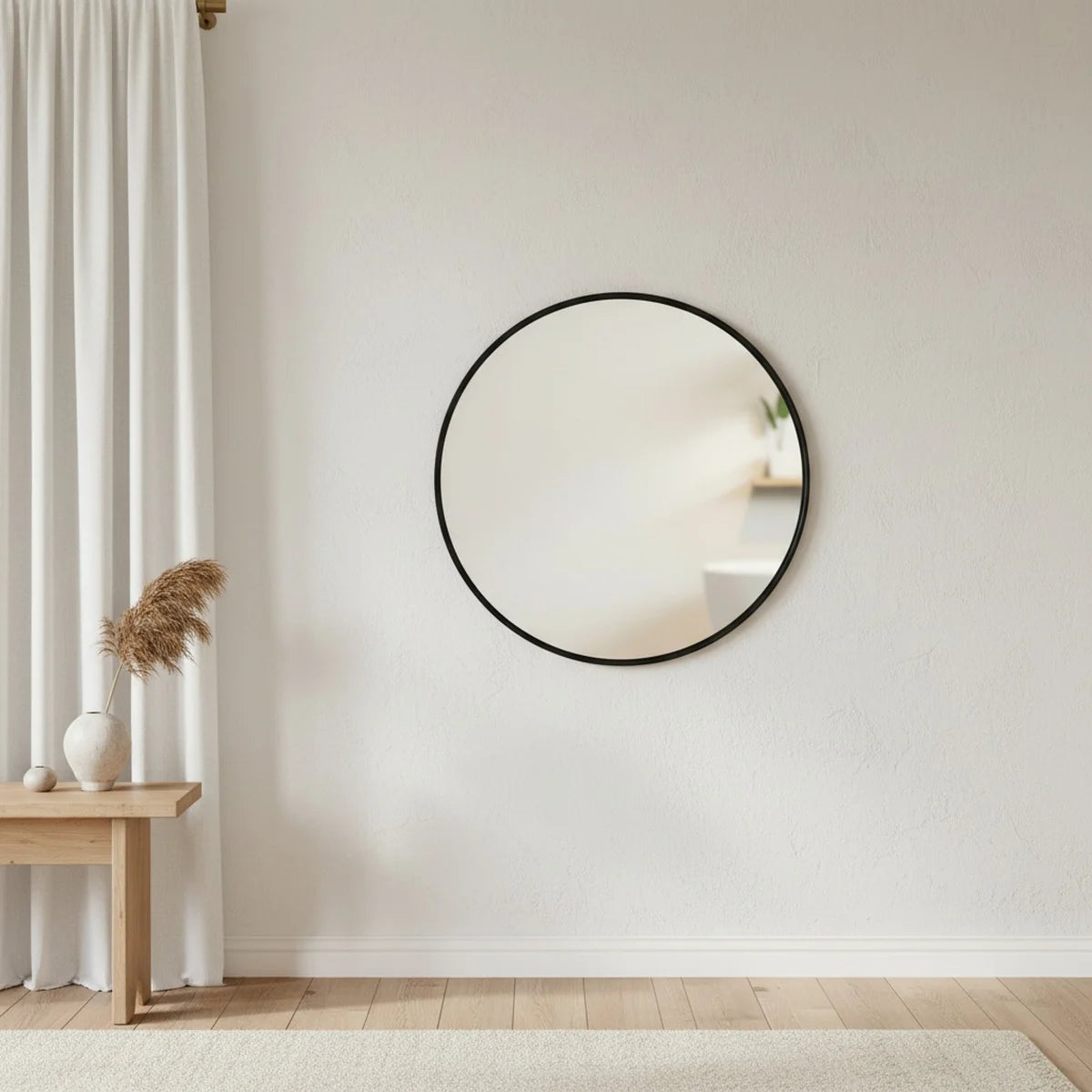 Black Round Bathroom Mirror, 28 in, styled in a bathroom