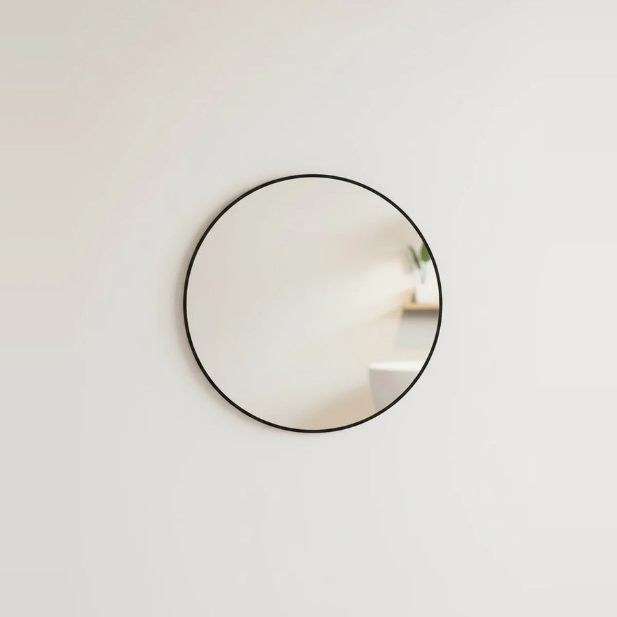 Black Round Bathroom Mirror, 28 in, on a light background