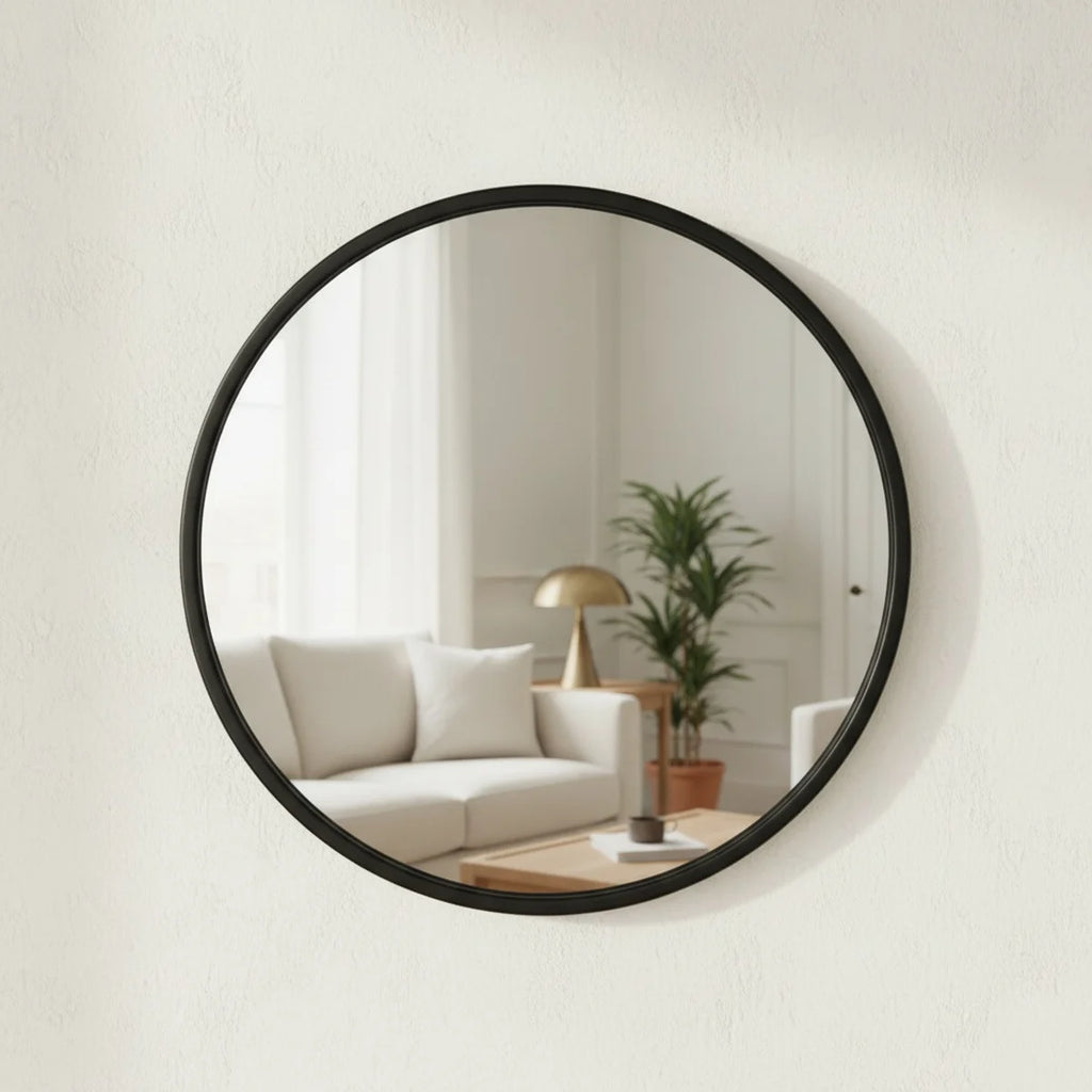 Black Round Mirror, Thin Metal Frame, 16 to 24 in, styled in a bright interior