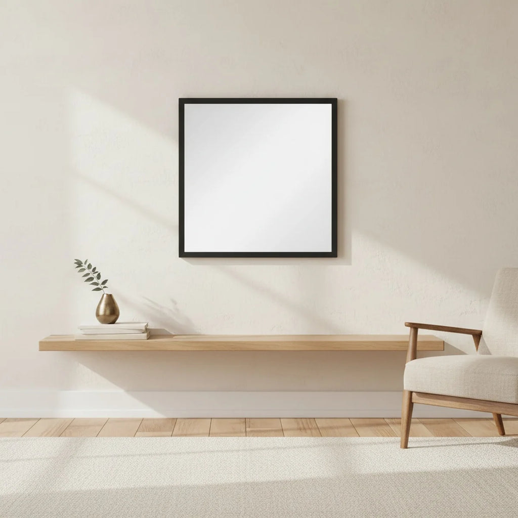 Miroir carré noir 50 × 50 cm à cadre fin, mise en situation dans un intérieur lumineux
