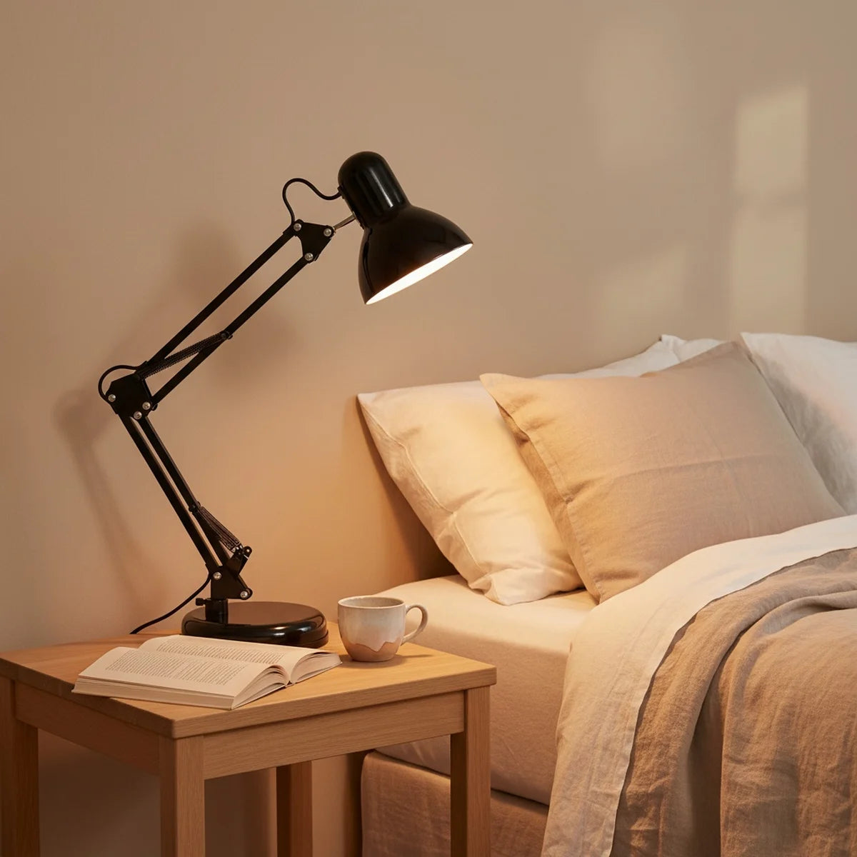 Swing Arm Lamp for Bedside Reading, Black, styled on a nightstand