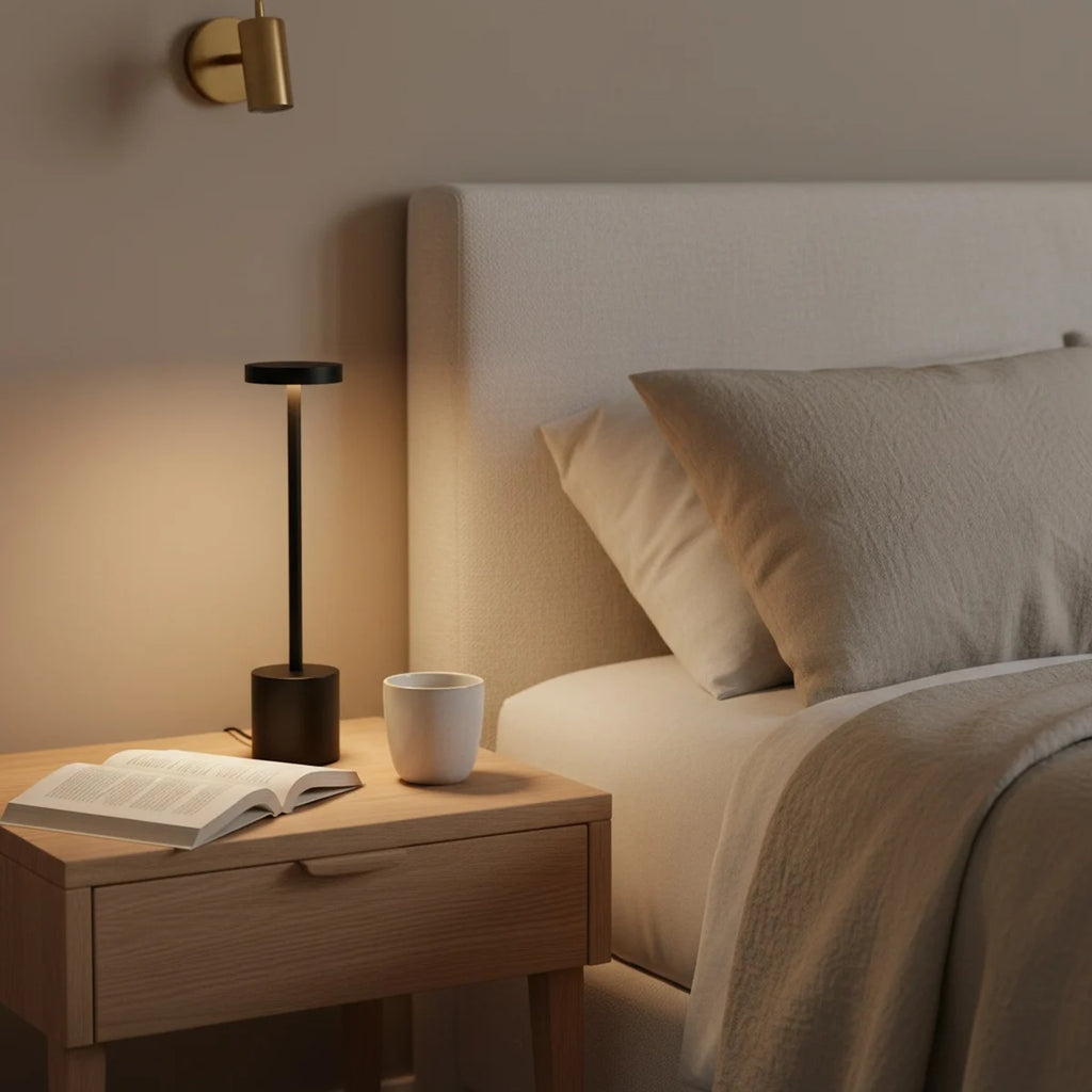 Black Touch Lamp for Bedroom, Cordless LED, Rechargeable, styled on a nightstand