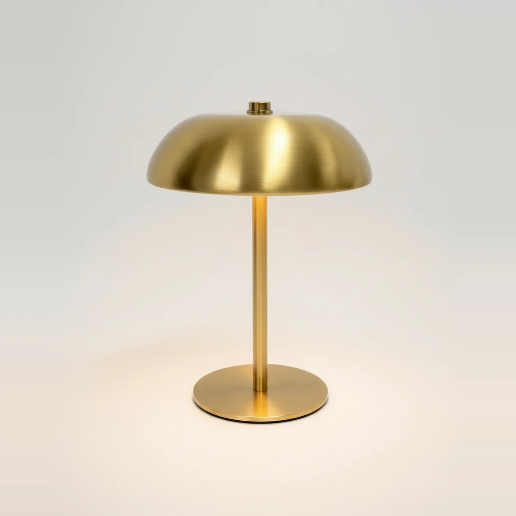 Brass Mushroom Lamp, Gold Brass-Look Plated Metal, Cordless Touch, on a light background