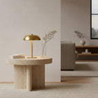 Brass Mushroom Lamp, Gold Brass-Look Plated Metal, Cordless Touch, styled on a side table