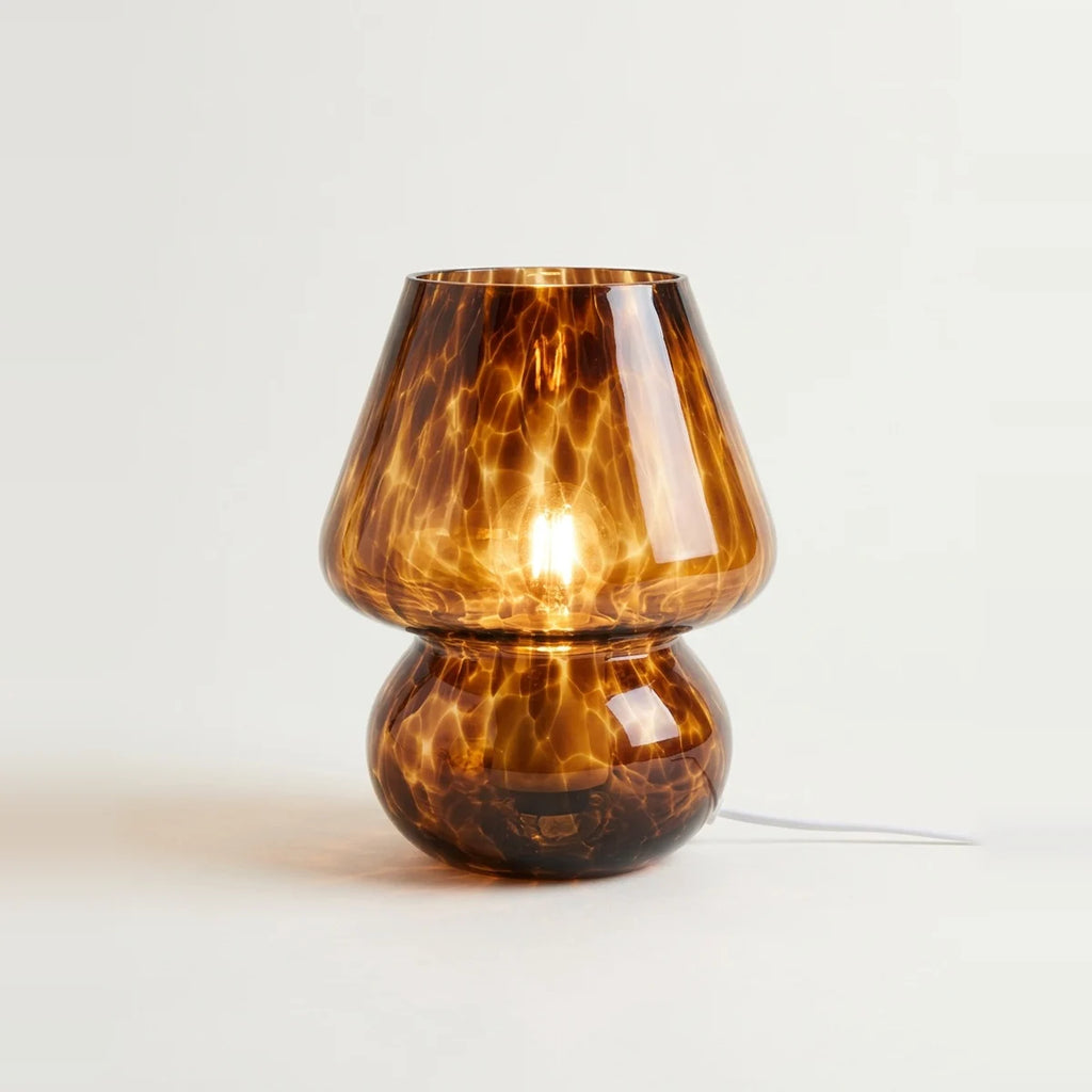 Glass Mushroom Lamp, Coffee Brown Tortoiseshell Look, Touch Dimmer, on a light background