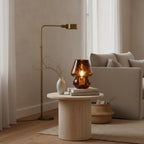 Glass Mushroom Lamp, Coffee Brown Tortoiseshell Look, Touch Dimmer, styled on a side table