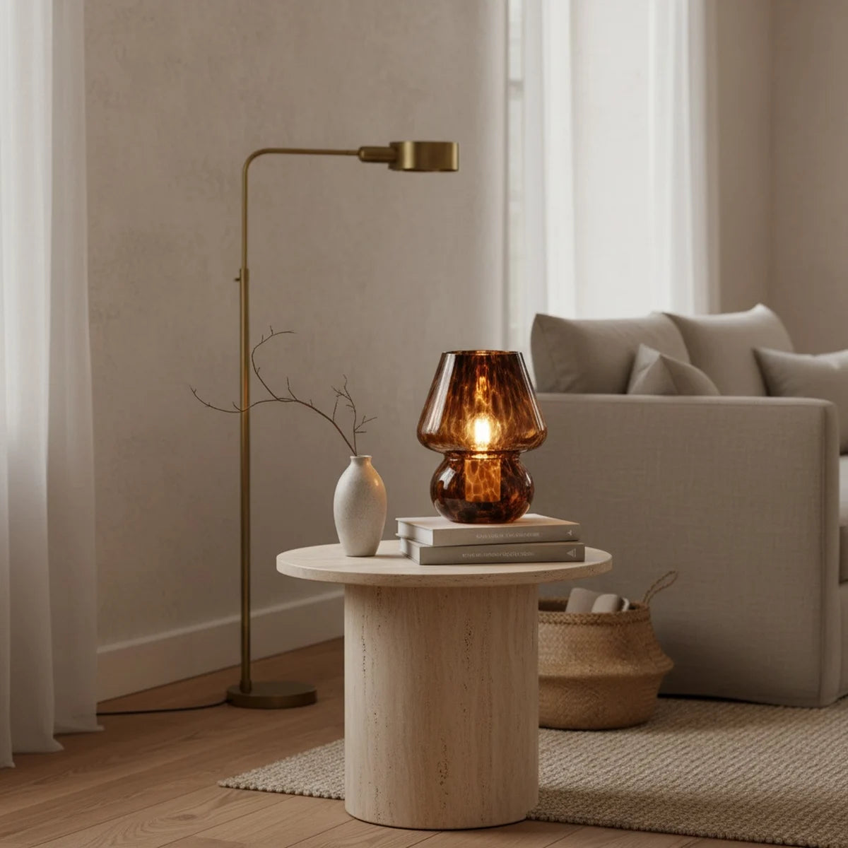 Glass Mushroom Lamp, Coffee Brown Tortoiseshell Look, Touch Dimmer, styled on a side table