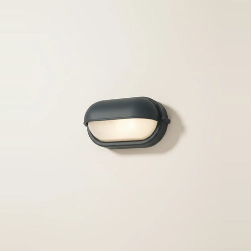 Anthracite Oval Bulkhead Outdoor Light, Ribbed Glass, IP54, on a light background