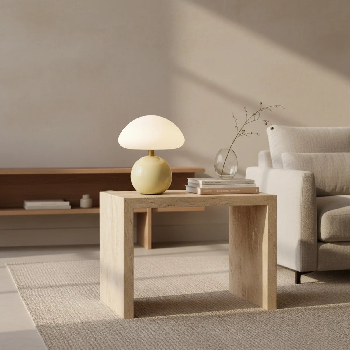 Ceramic Mushroom Lamp, Glossy Cream, Nordic Style, styled on a side table