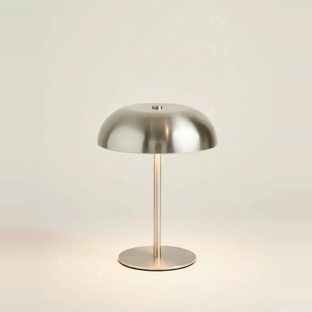Chrome Mushroom Lamp, Satin Chrome-Look Silver Metal, Cordless, on a light background