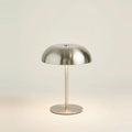 Chrome Mushroom Lamp, Satin Chrome-Look Silver Metal, Cordless, on a light background