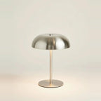 Chrome Mushroom Lamp, Satin Chrome-Look Silver Metal, Cordless, on a light background