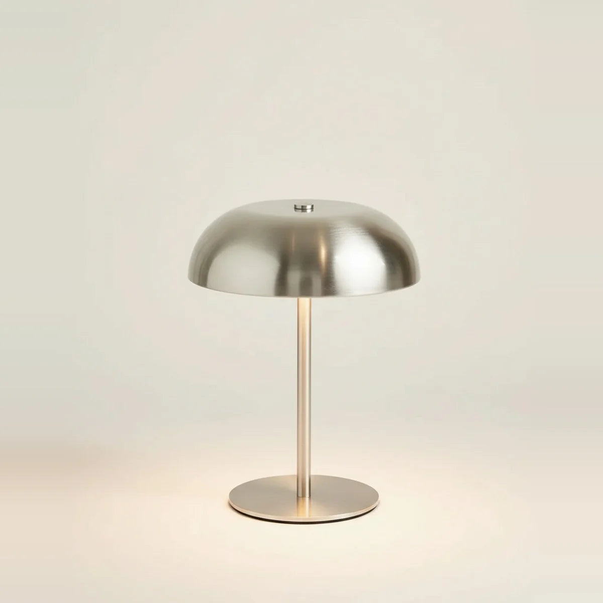Chrome Mushroom Lamp, Satin Chrome-Look Silver Metal, Cordless, on a light background