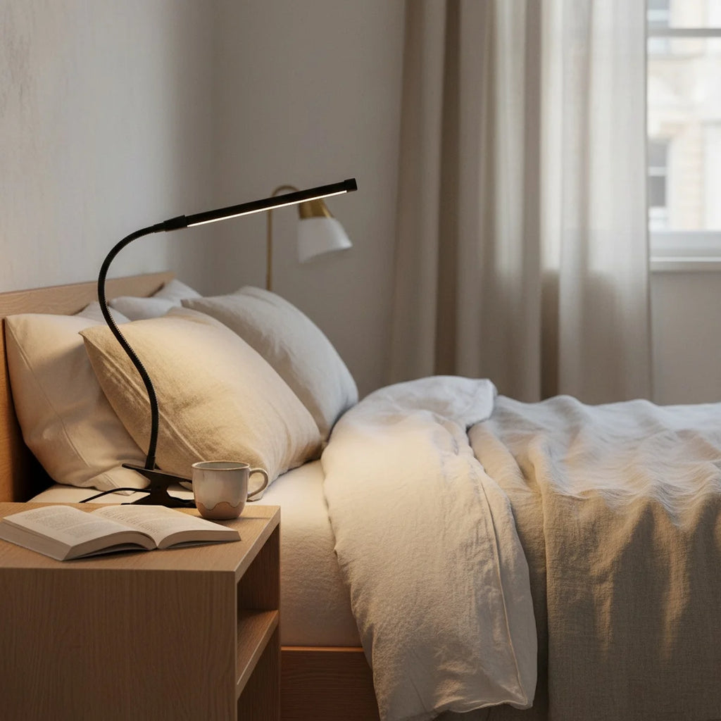 Bedside Reading Light, Clip-On LED, Black, styled on a nightstand
