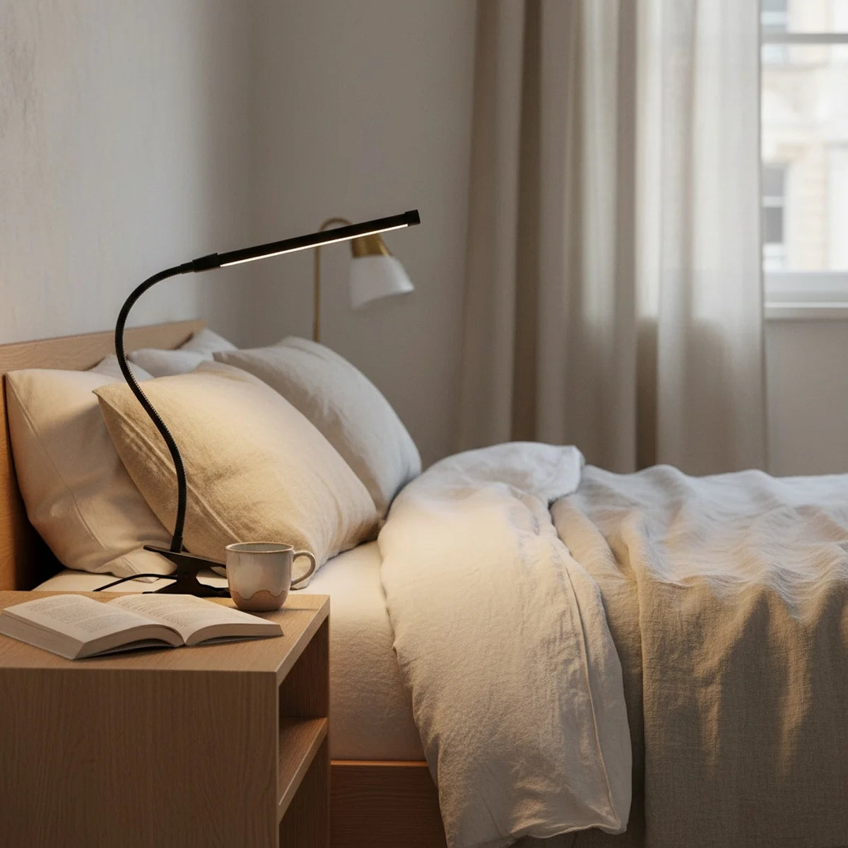 Bedside Reading Light, Clip-On LED, Black, styled on a nightstand