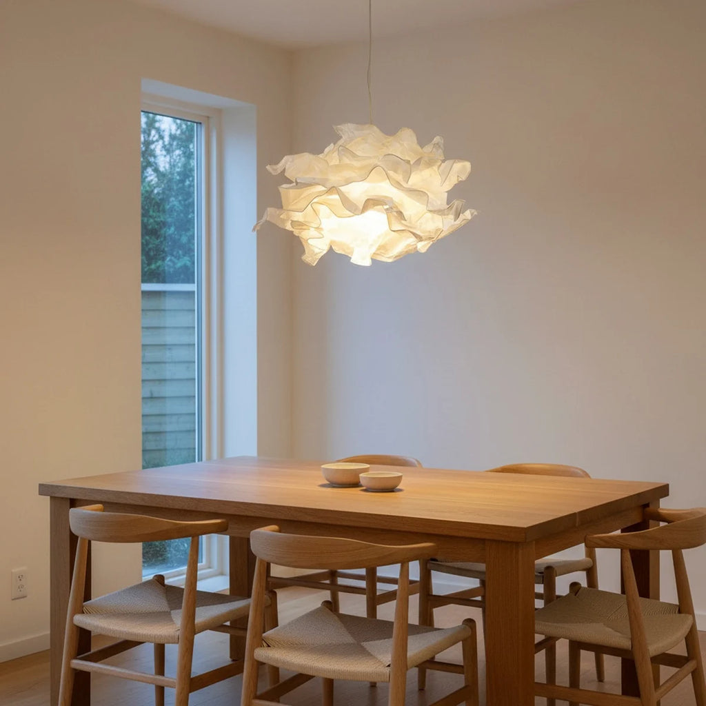 Paper Cloud Pendant Light, 16" x 24" Shade, styled above a dining table