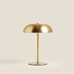 Gold Mushroom Lamp, Brass-Tone Metal, Cordless Rechargeable, on a light background