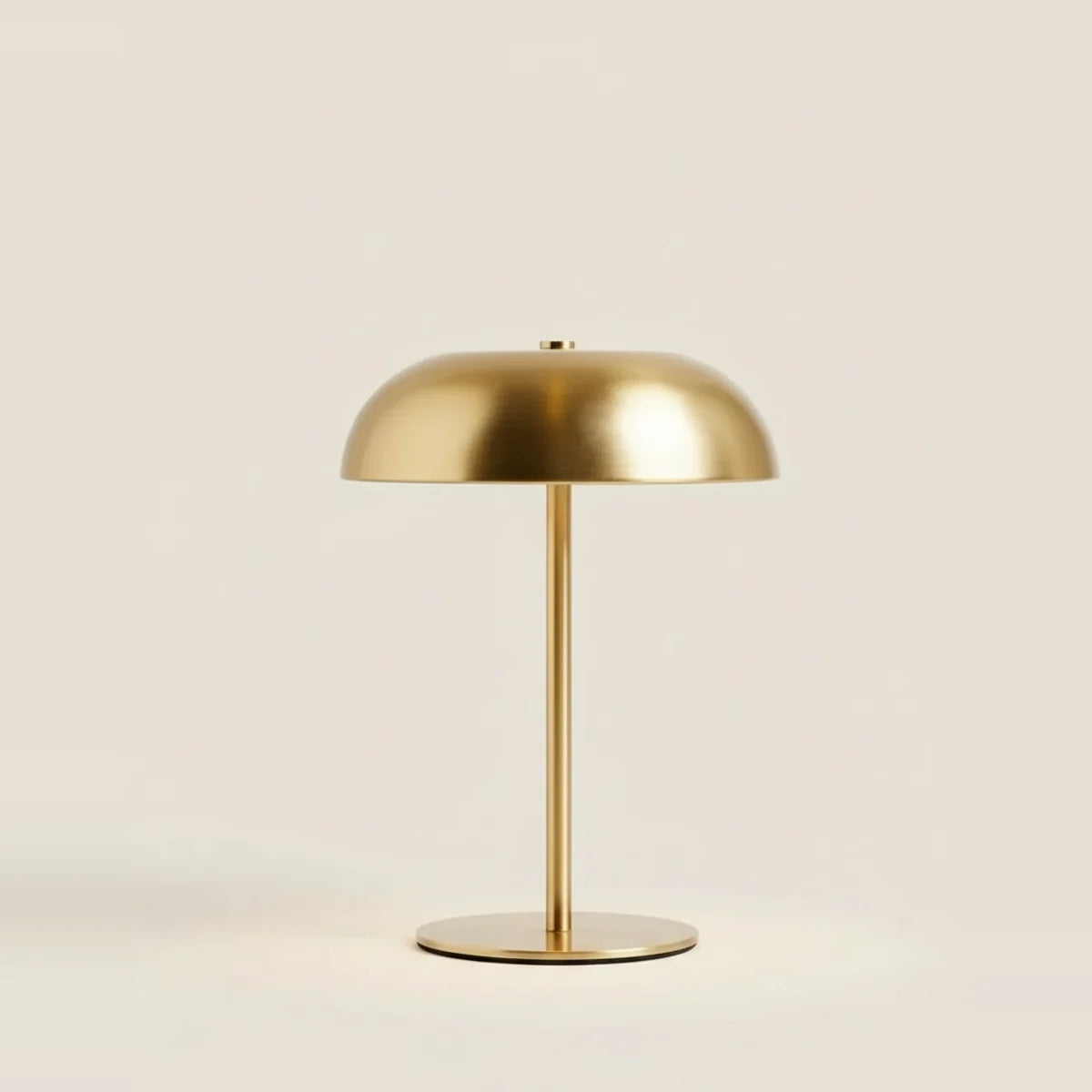 Gold Mushroom Lamp, Brass-Tone Metal, Cordless Rechargeable, on a light background