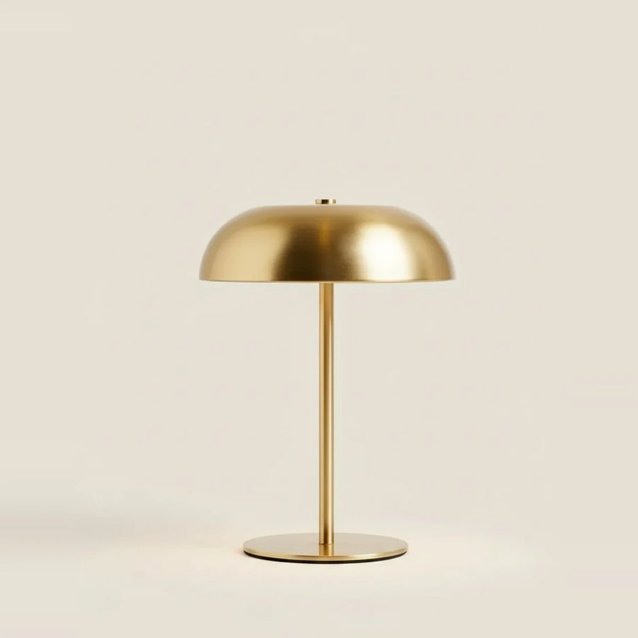 Gold Mushroom Lamp, Brass-Tone Metal, Cordless Rechargeable, on a light background