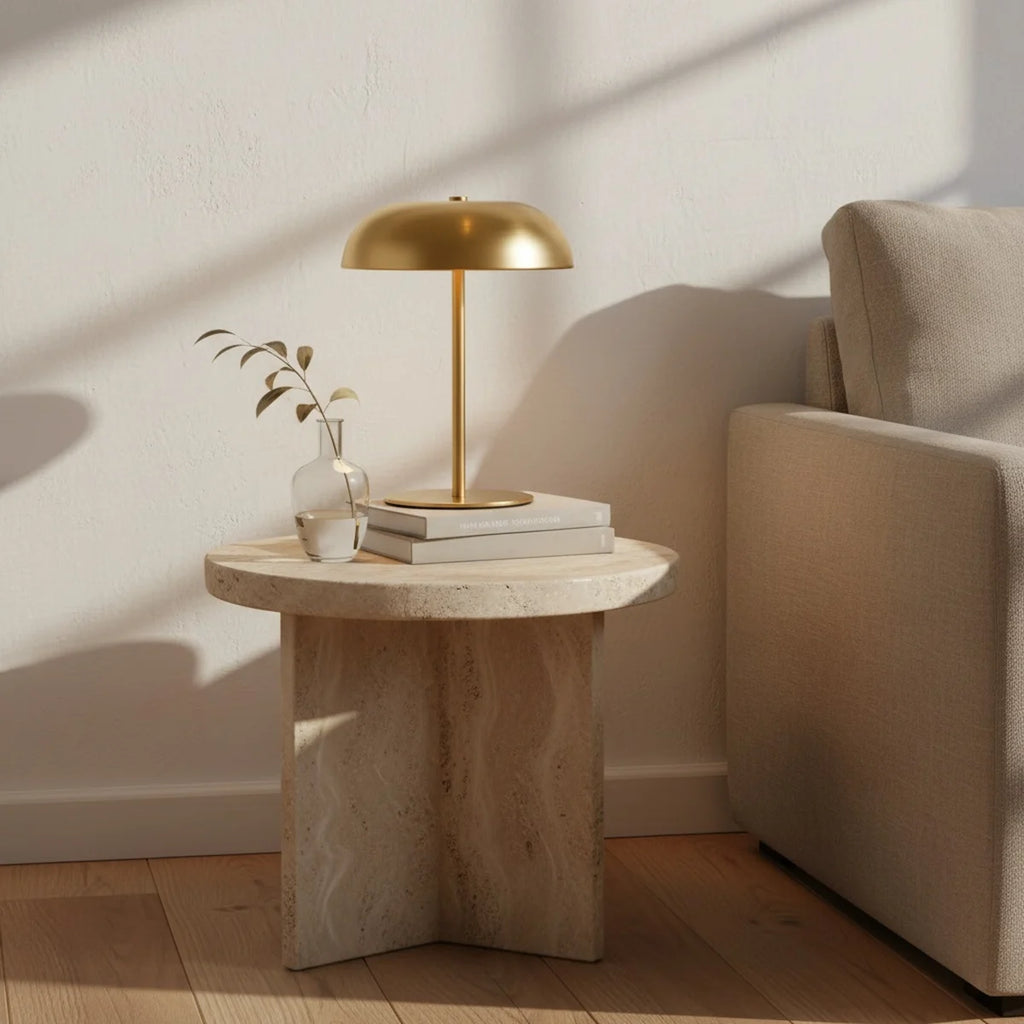 Gold Mushroom Lamp, Brass-Tone Metal, Cordless Rechargeable, styled on a side table