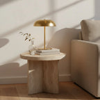 Gold Mushroom Lamp, Brass-Tone Metal, Cordless Rechargeable, styled on a side table