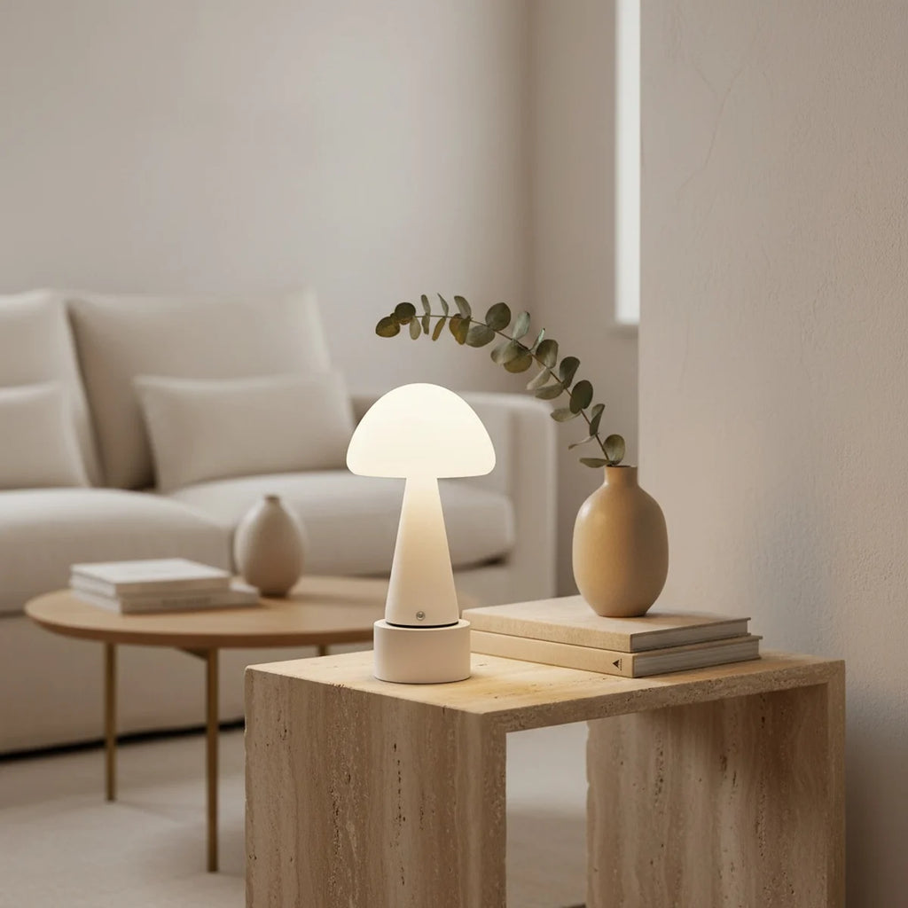 Lampe champignon sans fil rechargeable et tactile, blanc crème, mise en situation sur une table d’appoint