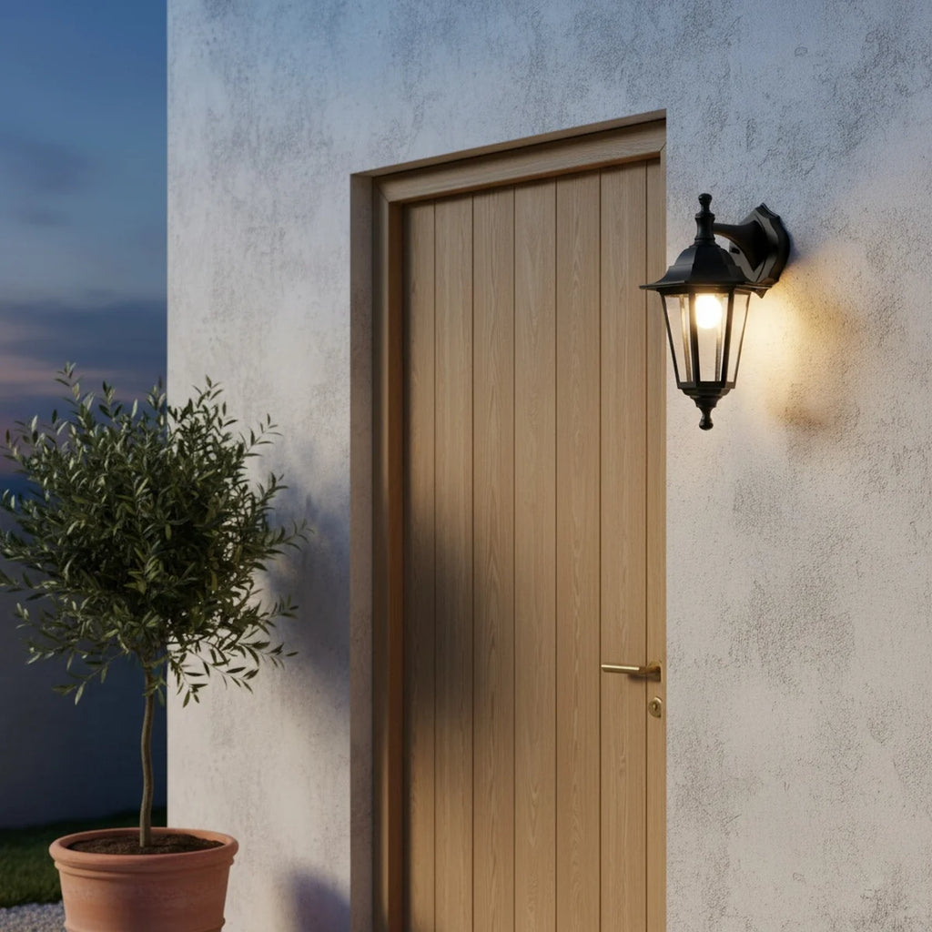 Black Exterior Wall Lantern with Clear Glass, Classic Style, styled on an exterior wall