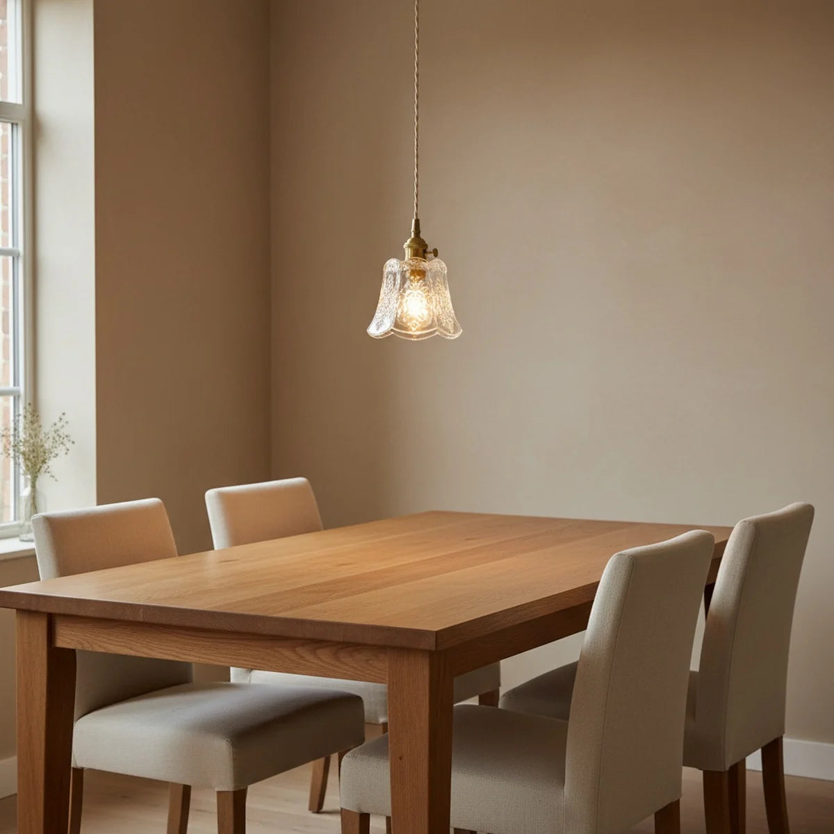 Glass Flower Pendant Light, Brass Finish, E27, styled above a dining table