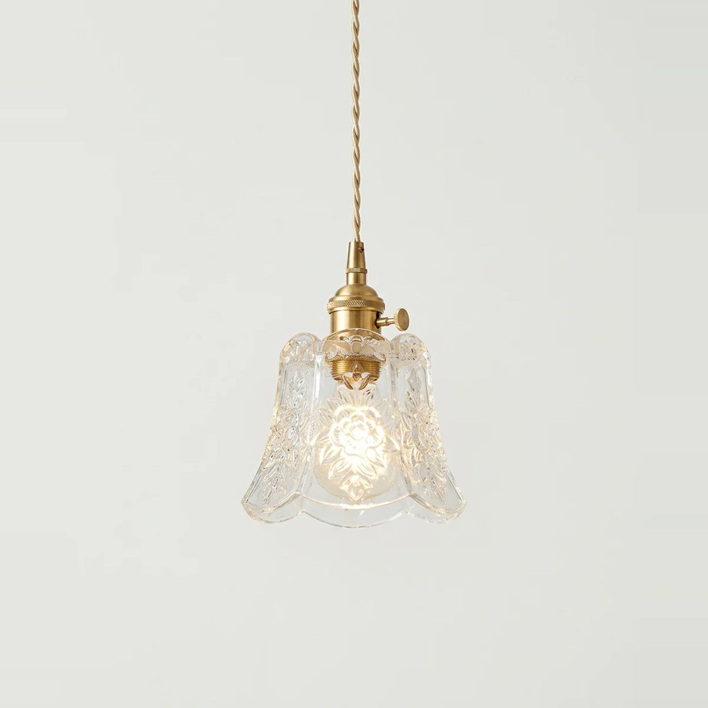 Glass Flower Pendant Light, Brass Finish, E27, on a light background