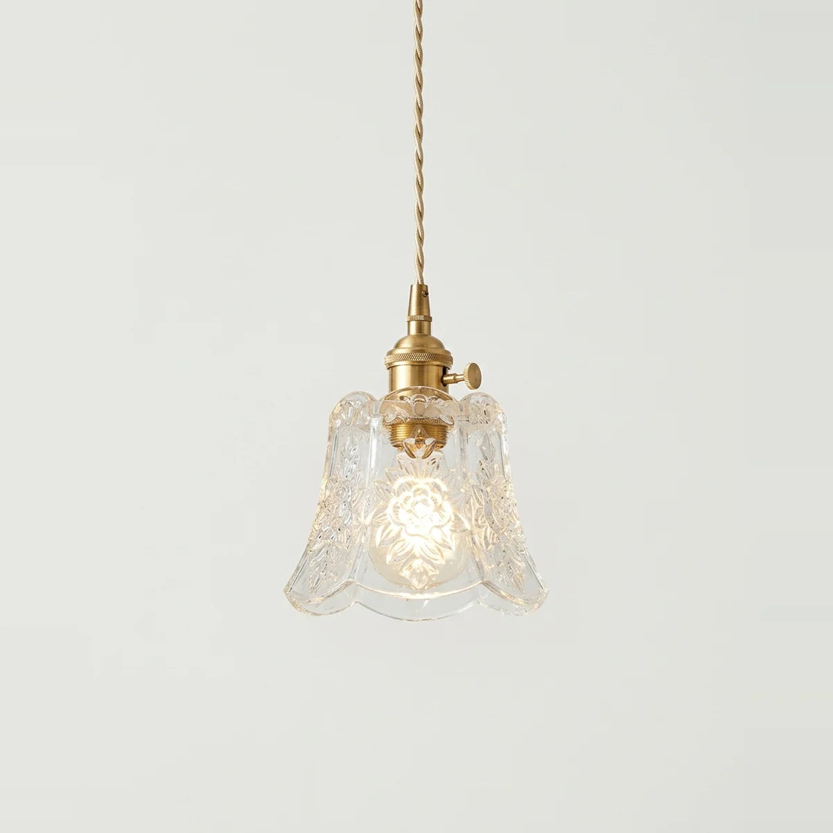 Glass Flower Pendant Light, Brass Finish, E27, on a light background