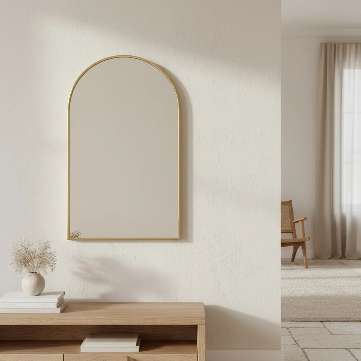 Gold Arch Mirror with Thin Frame, 3 Sizes, styled in a bright interior
