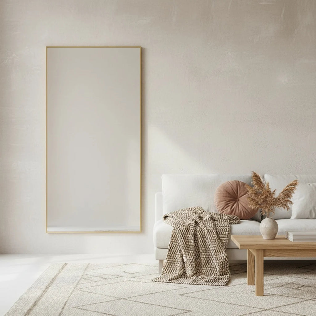 Miroir sur pied doré 164 × 54 cm, cadre en aluminium, mise en situation dans un intérieur lumineux
