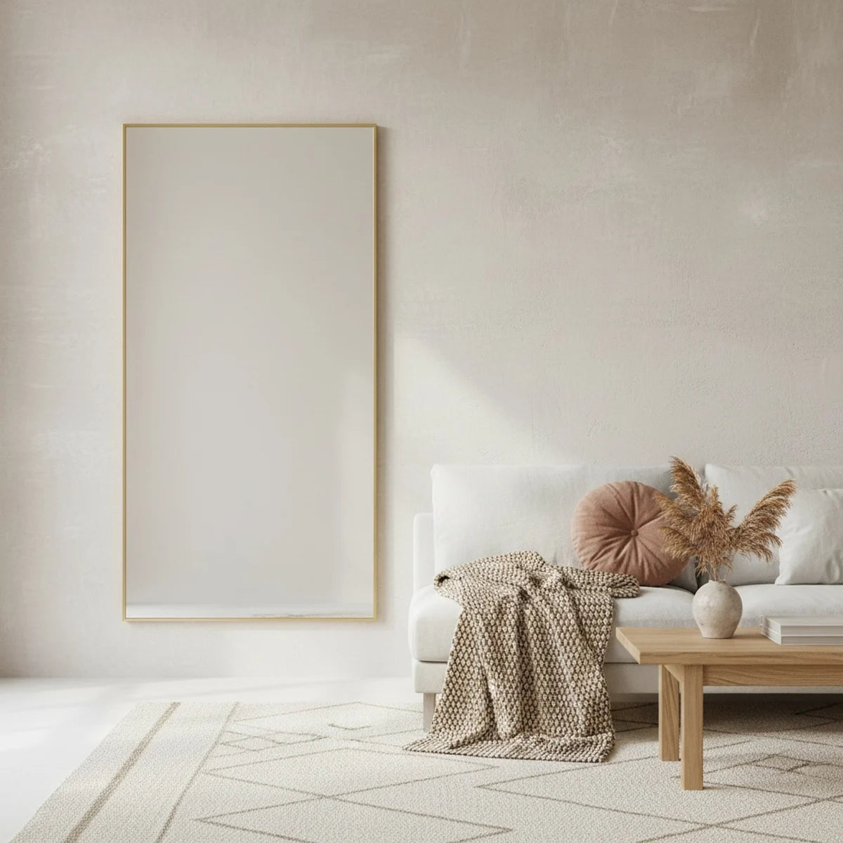 Gold Floor Mirror, 65 x 21 in Aluminum Frame, styled in a bright interior