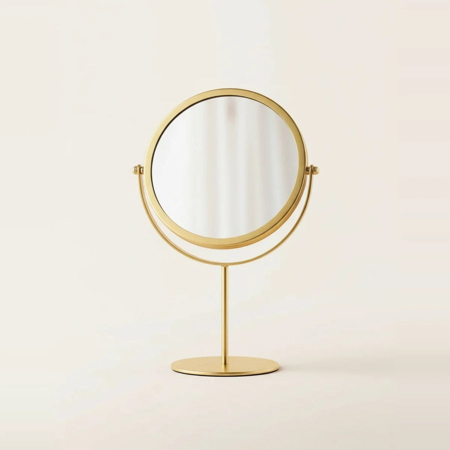 Gold Tabletop Mirror, Round and Double Sided, on a light background