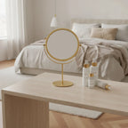 Gold Tabletop Mirror, Round and Double Sided, styled on a vanity