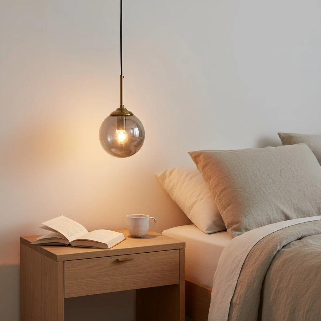 Hanging Bedside Lamp, Smoked Glass Globe, Brass-Look Base, E27, styled on a nightstand