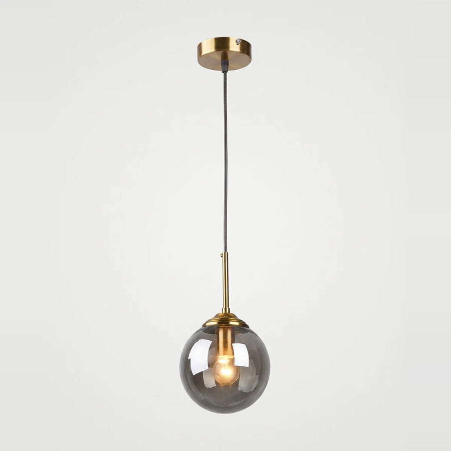 Hanging Bedside Lamp, Smoked Glass Globe, Brass-Look Base, E27, on a light background