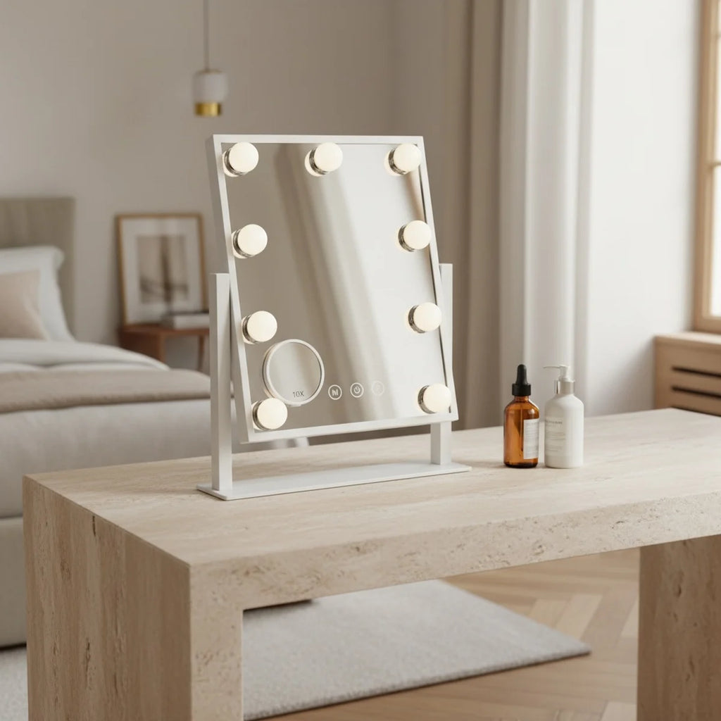 Hollywood Vanity Mirror with Lights, 9 LED Bulbs, styled on a vanity