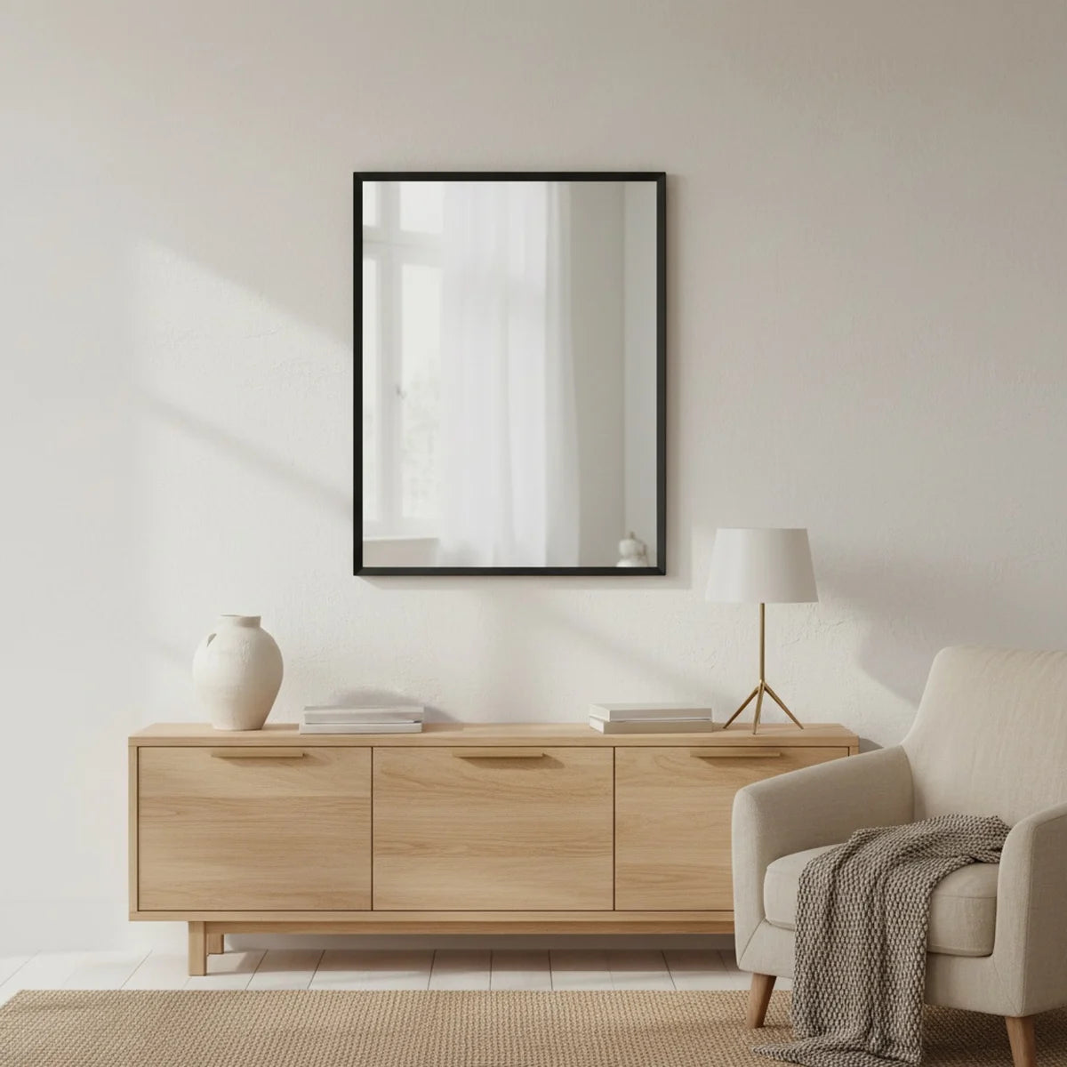 Black Industrial Mirror, 24 × 31.5 in Thin Frame, styled in a bright interior
