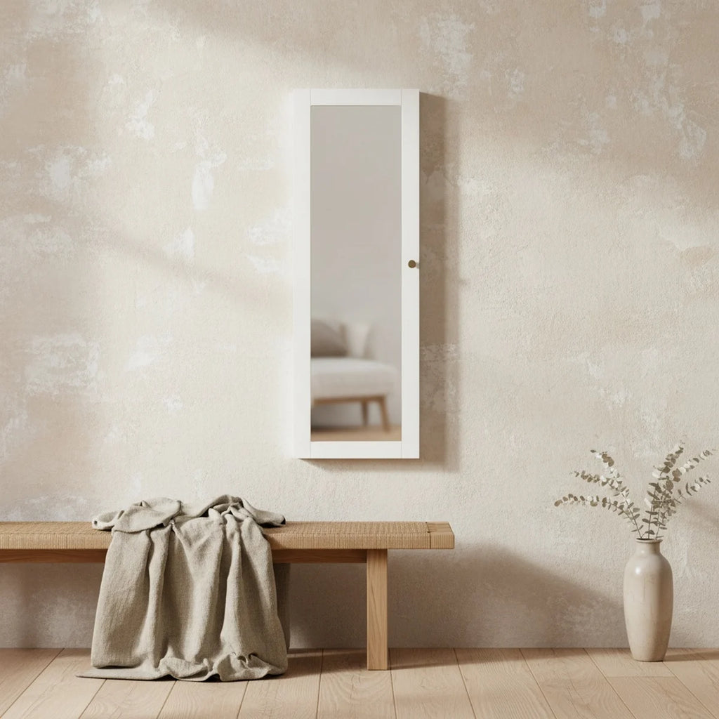 Wall Mounted Mirror Armoire Jewelry Cabinet, White, styled in a bright interior