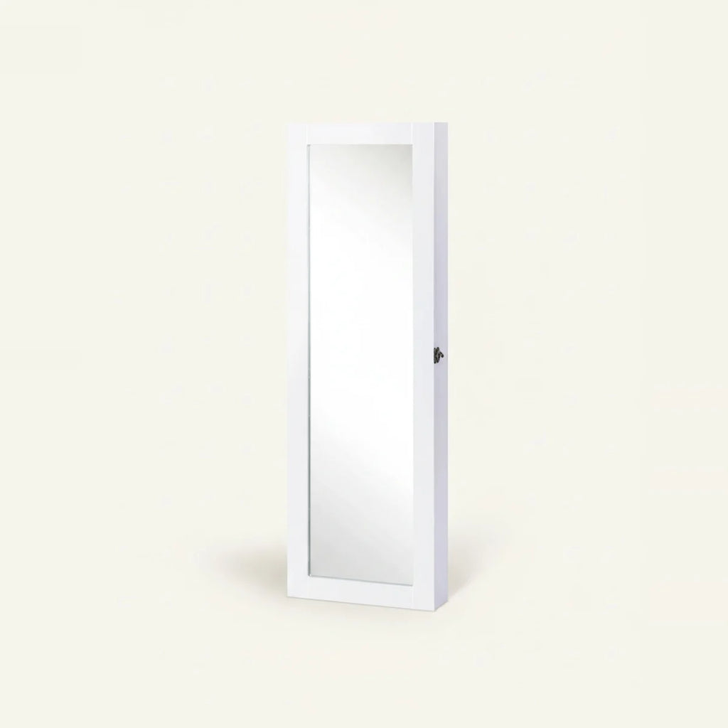 Wall Mounted Mirror Armoire Jewelry Cabinet, White, on a light background