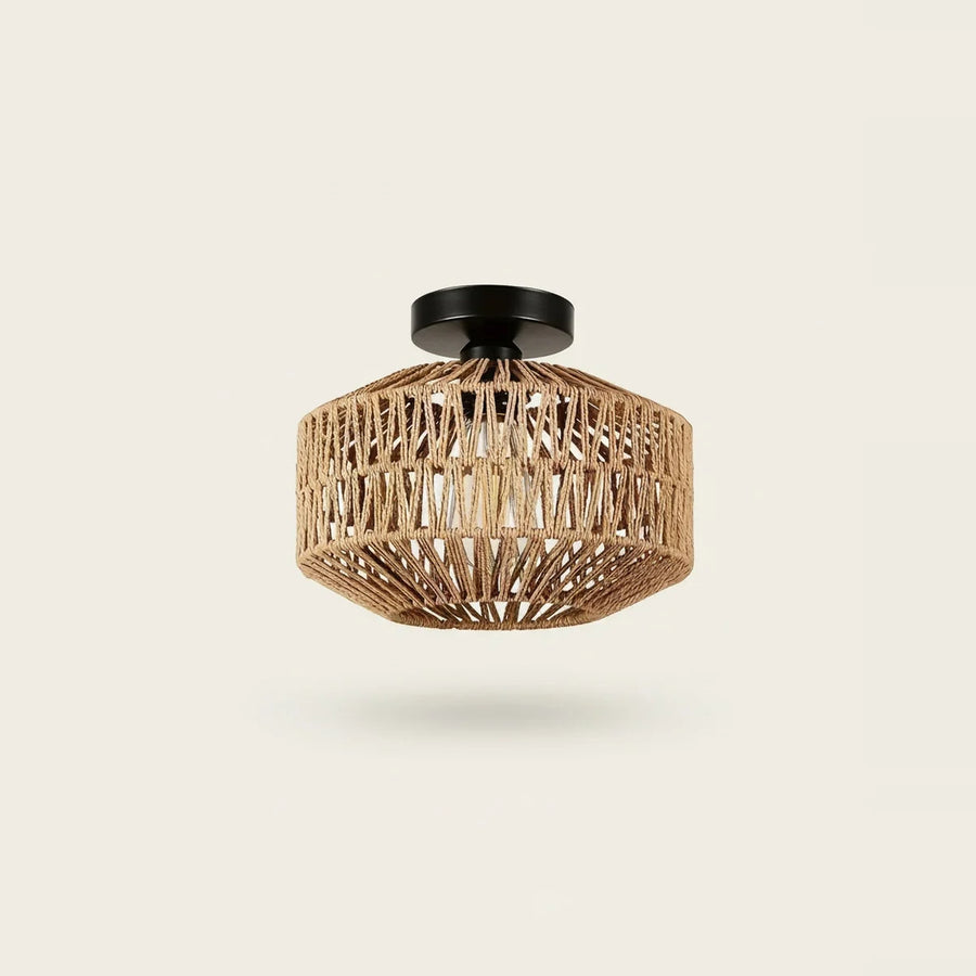 Hand-Woven Straw and Jute Flush Mount Light, Iron Frame, on a light background