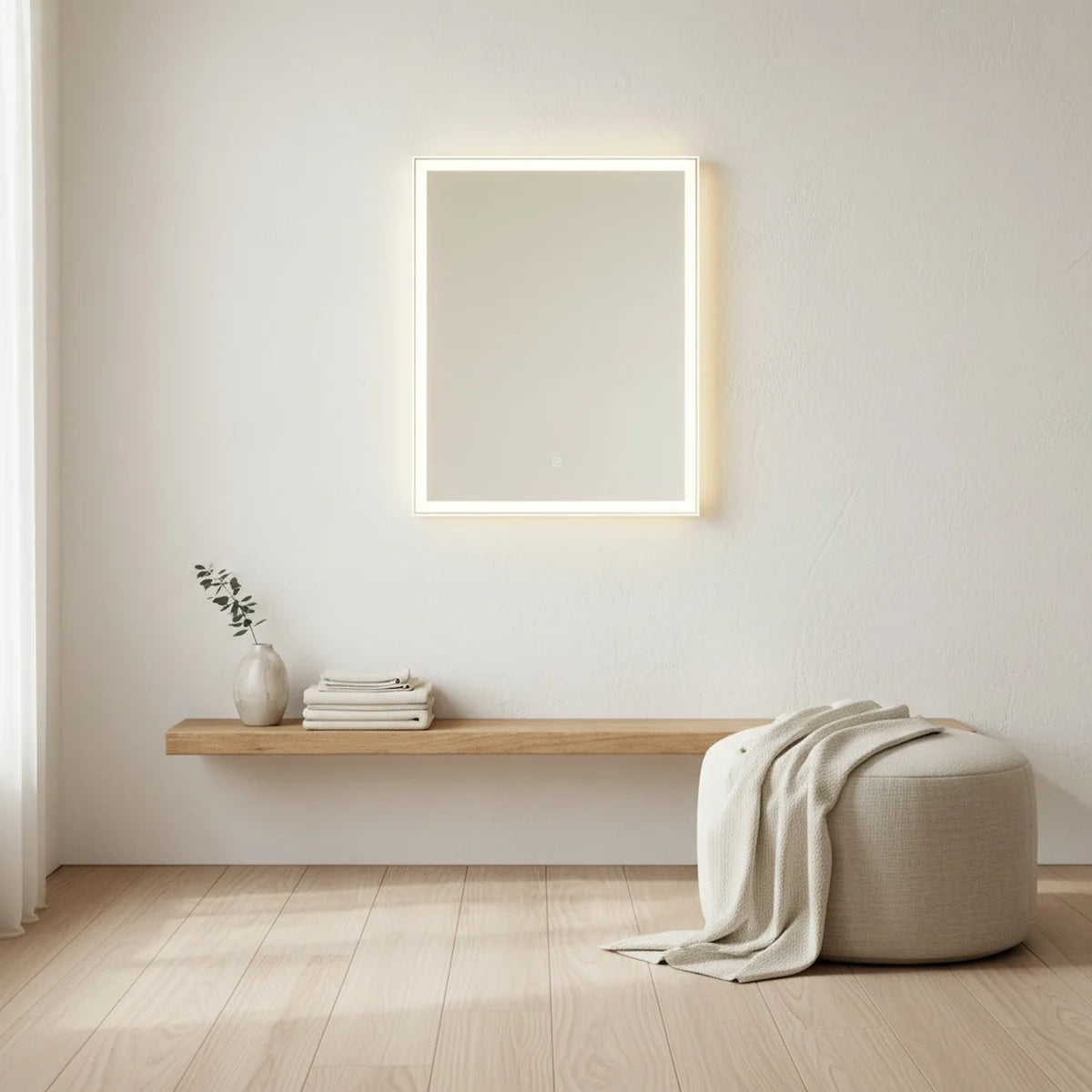 Anti-Fog LED Backlit Bathroom Mirror, 3 Light Colors, styled in a bright interior