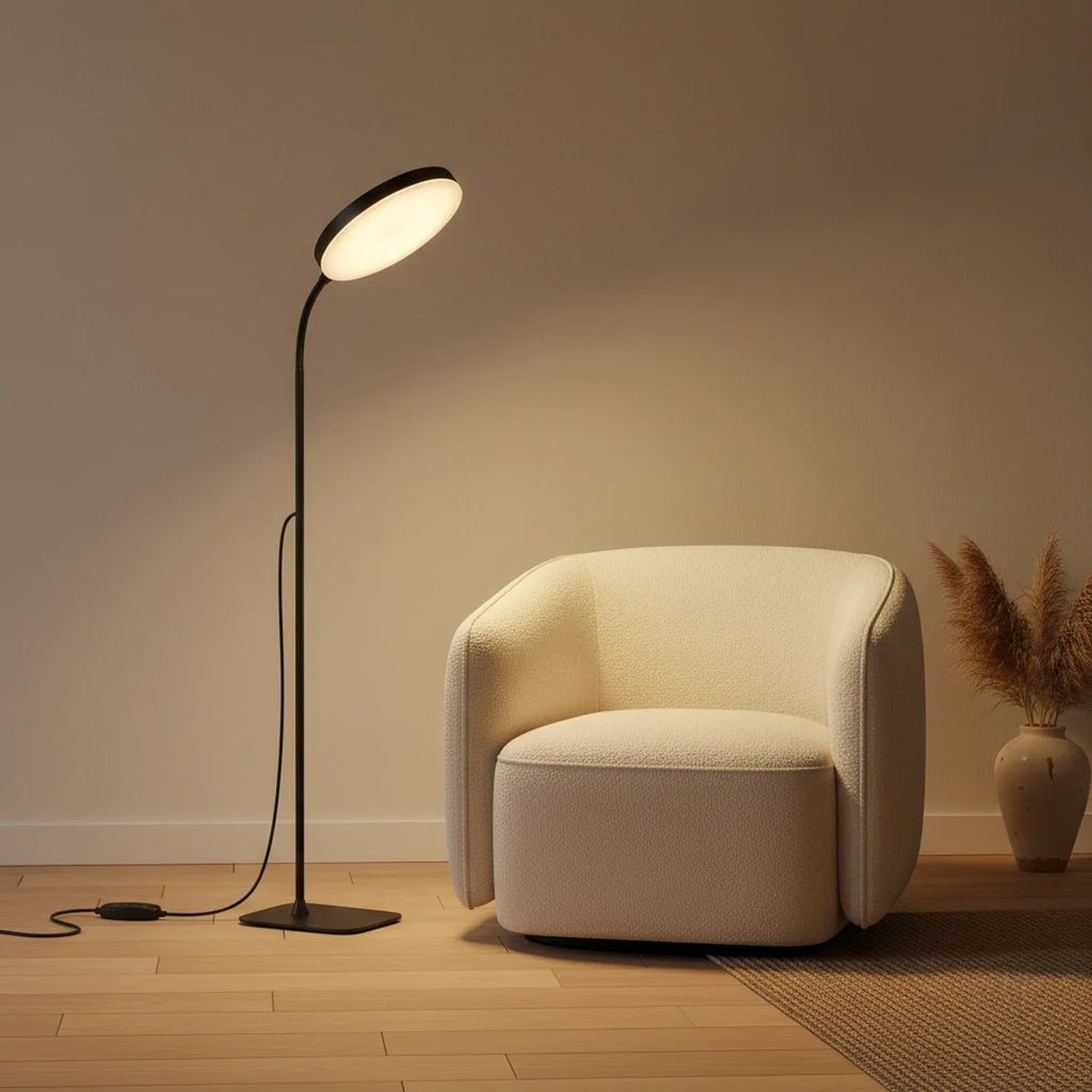 LED Reading Floor Lamp with Flexible Gooseneck, Dimmable, styled in a living room